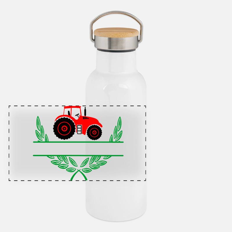 Roter Traktor mit Namensraum Panorama Thermosflasche mit Bambusdeckel