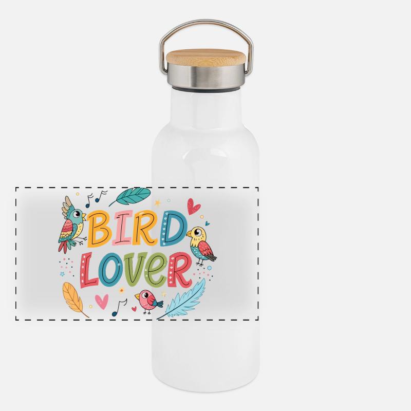 Bird Lover: Cheerful Colors and Feathers Panoramic Thermal Bottle with Bamboo Lid
