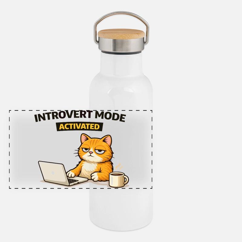 Introvert Mode Activated Cat - Panoramic Thermal Bottle with Bamboo Lid - white