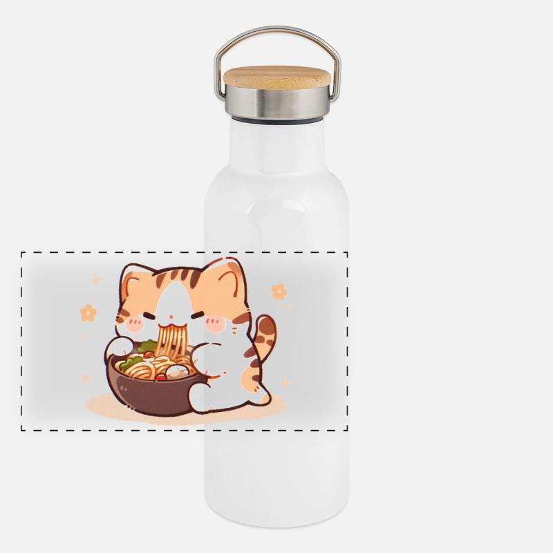 Cat Eating Spaghetti Meme Panoramic Thermal Bottle with Bamboo Lid