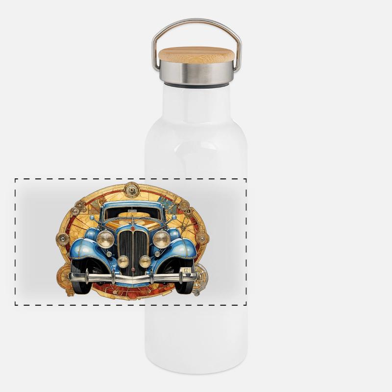 Oldtimer Panorama Thermosflasche mit Bambusdeckel