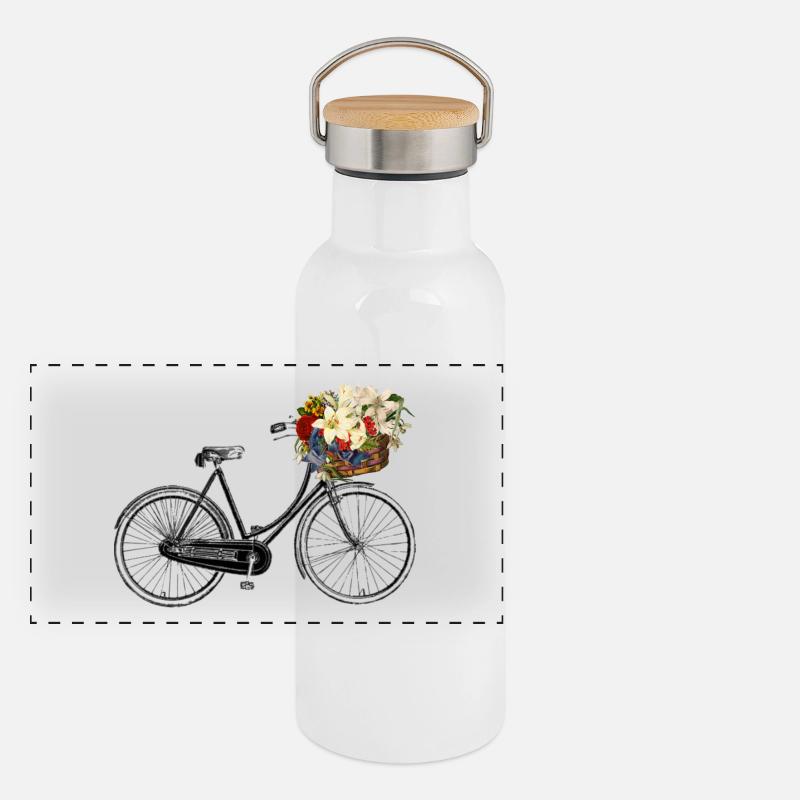 Fahrrad mit Blumen - Panorama Thermosflasche mit Bambusdeckel - Weiß