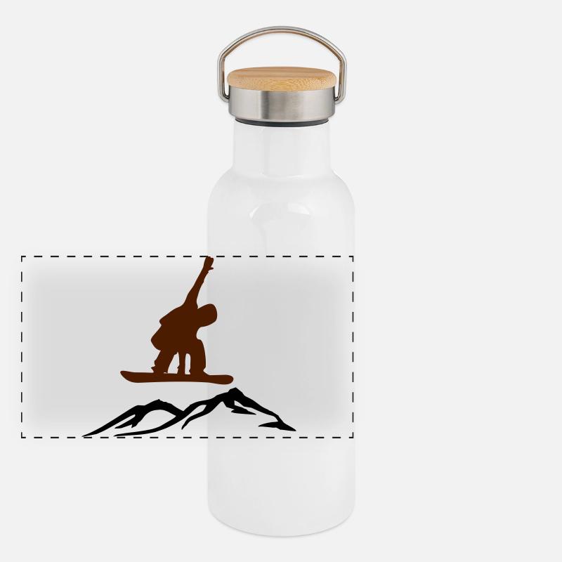 Snowboarder über Berg Panorama Thermosflasche mit Bambusdeckel