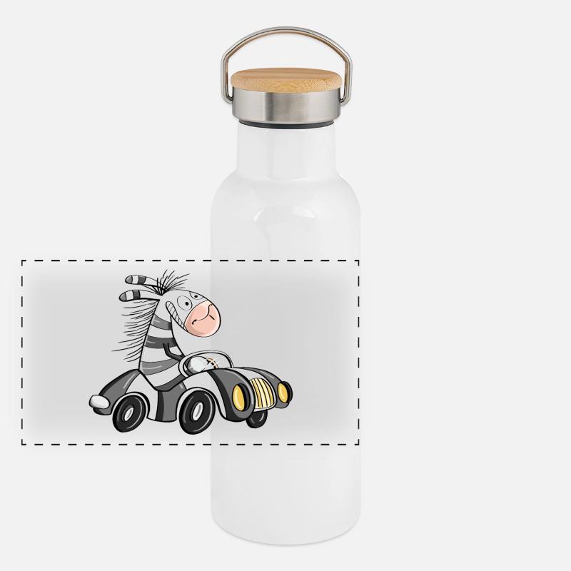 Cooles Zebra Fährt Auto - Comic Rennwagen Panorama Thermosflasche mit Bambusdeckel