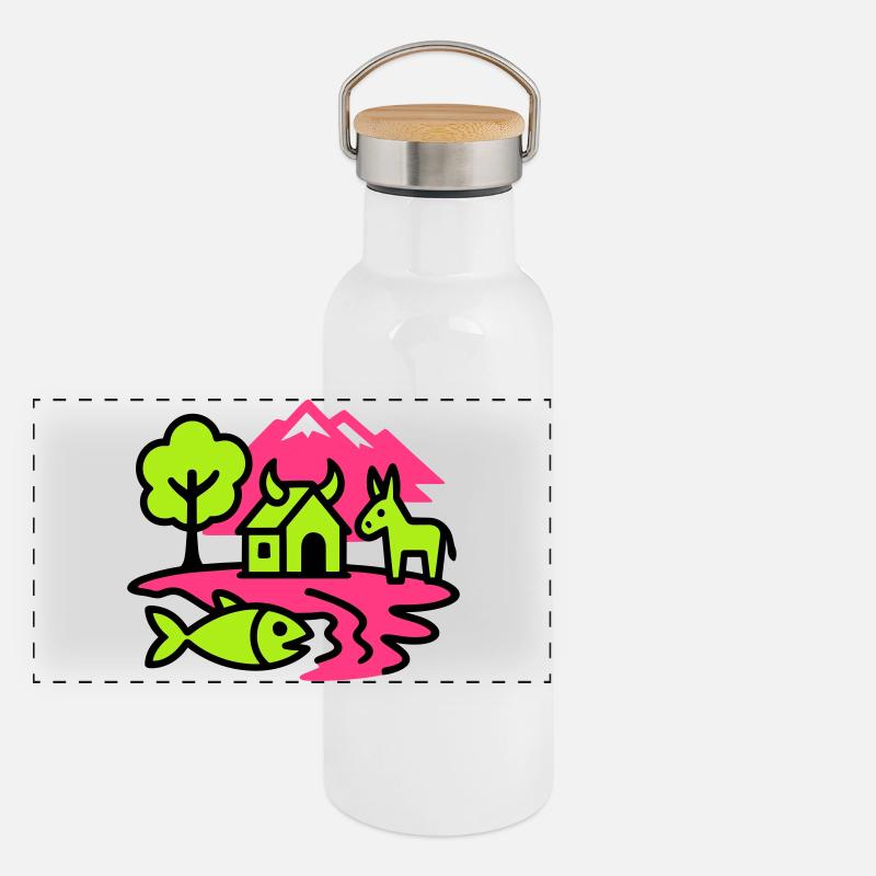 Paysage naïf Pop Art Gourde isotherme avec bouchon en bambou