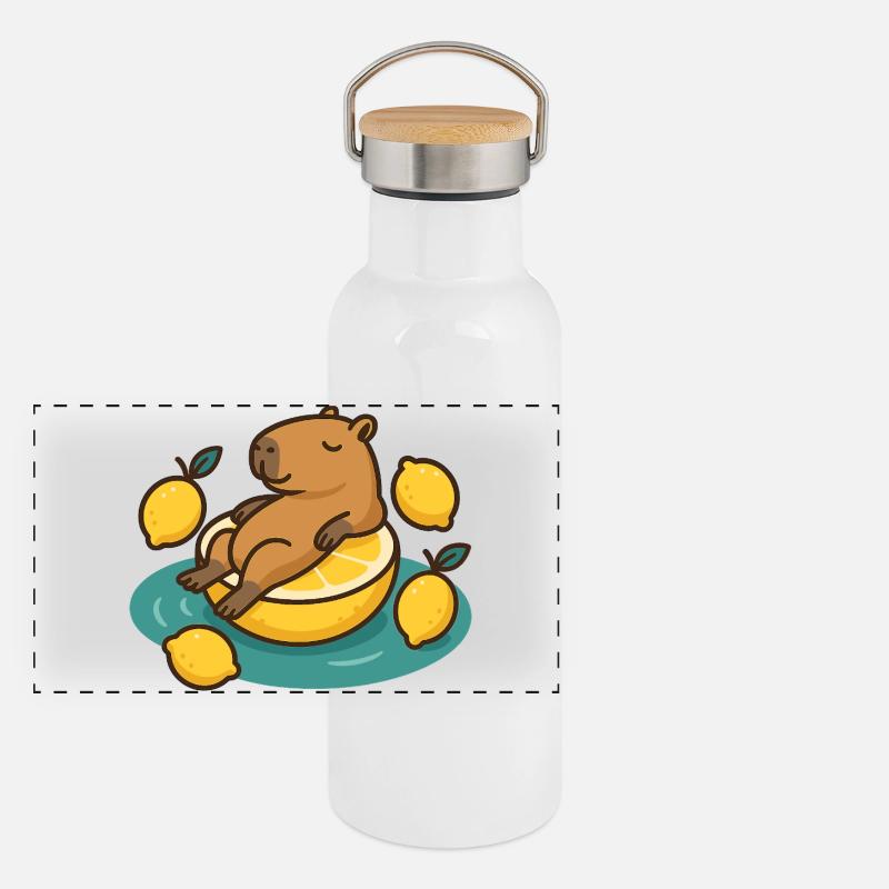 Chilling Capybara sur Lemon Cartoon Gourde isotherme avec bouchon en bambou