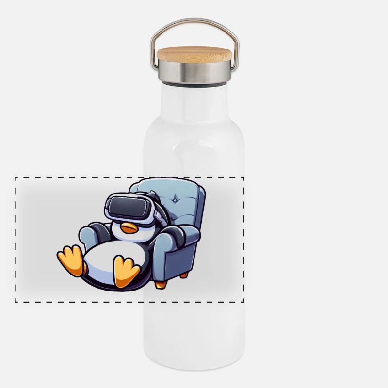 Pinguin Virtual Reality Gamer Zocker Chillen Panorama Thermosflasche mit Bambusdeckel
