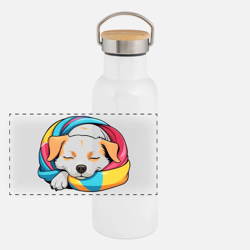 Schlummernder Welpe Regenbogen Schal Panorama Thermosflasche mit Bambusdeckel