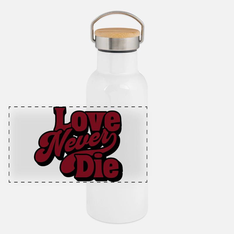 Love Never Die – Vintage Script Statement Panorama Thermosflasche mit Bambusdeckel