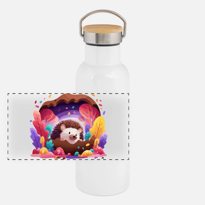Igel im Farbenwald Panorama Thermosflasche mit Bambusdeckel