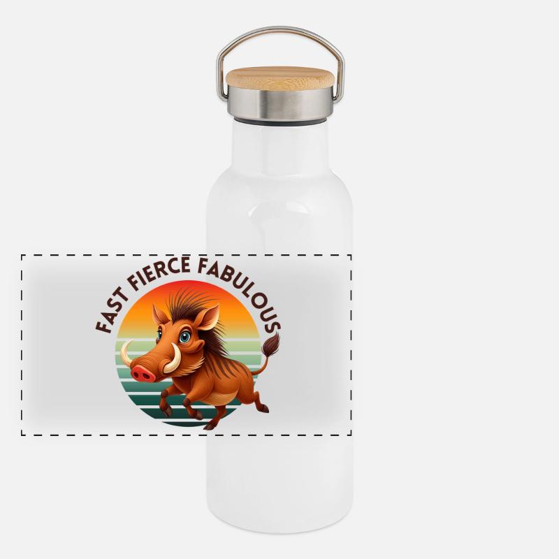 Retro Style Warthog in the Sun - Panoramic Thermal Bottle with Bamboo Lid - white
