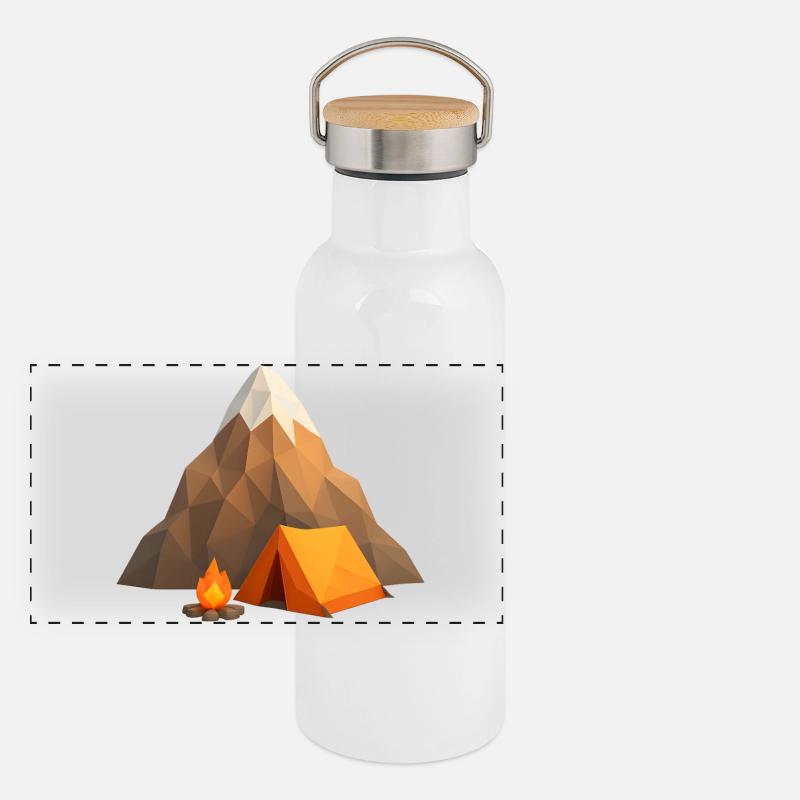 Low-poly mountain camp with tent and fire Panoramic Thermal Bottle with Bamboo Lid
