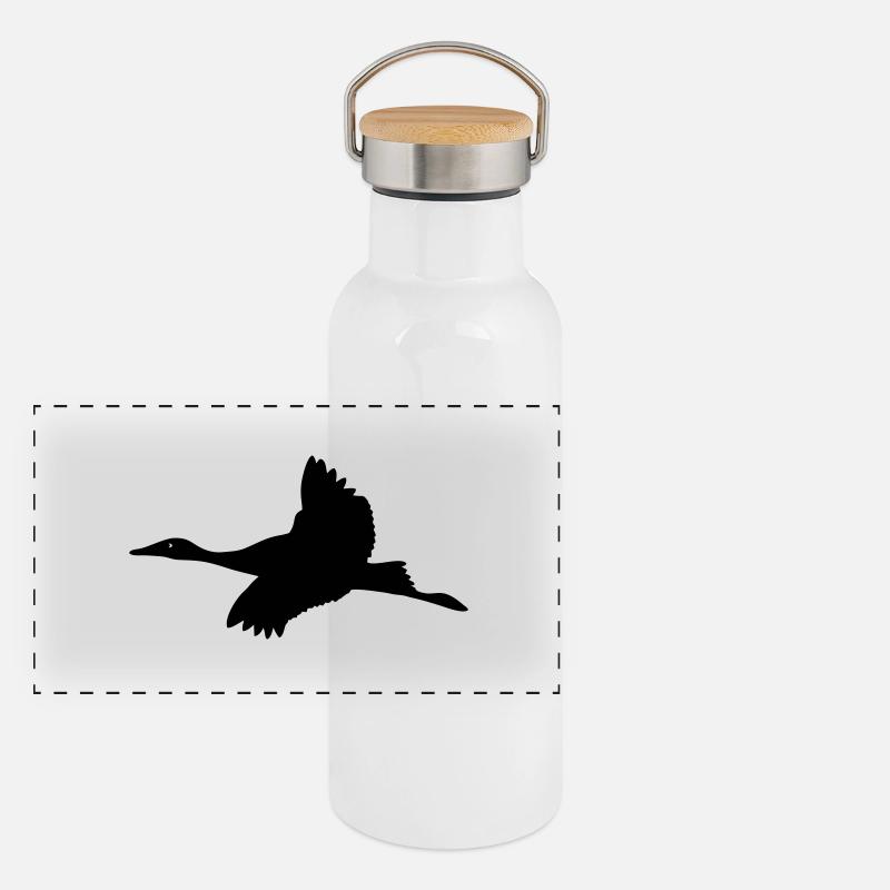 Silhouette Kranich Panorama Thermosflasche mit Bambusdeckel