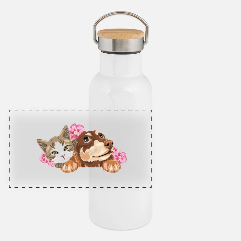 Chat mignon et teckel rêveur avec des fleurs roses Gourde isotherme avec bouchon en bambou