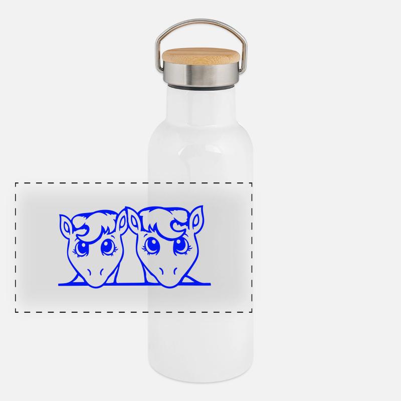 2 Pferde Paar Süß Pony Zwei Freunde Pärchen Team Panorama Thermosflasche mit Bambusdeckel