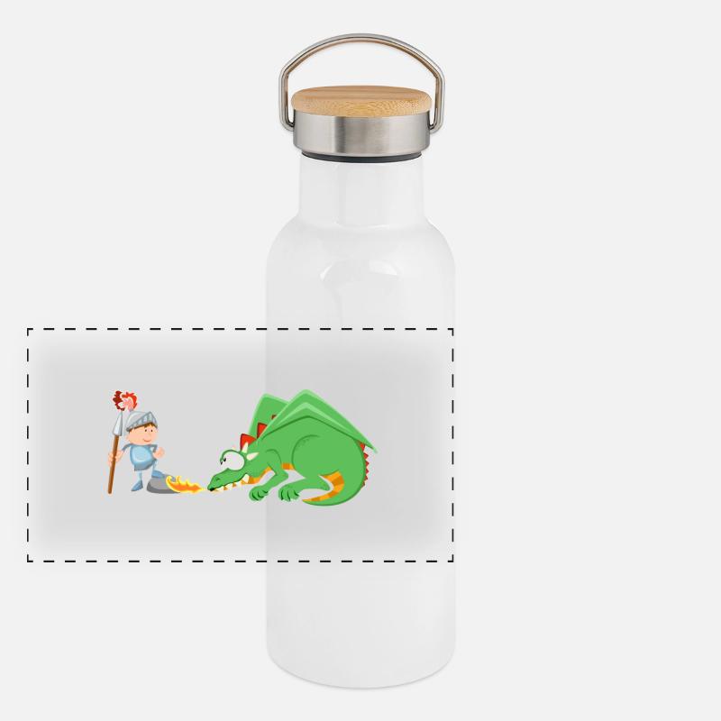 Ritter und Drache Panorama Thermosflasche mit Bambusdeckel