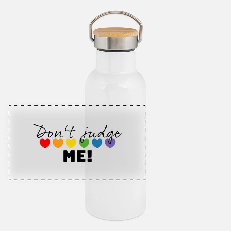 Regenbogenherzchen dont judge me schwarz Panorama Thermosflasche mit Bambusdeckel
