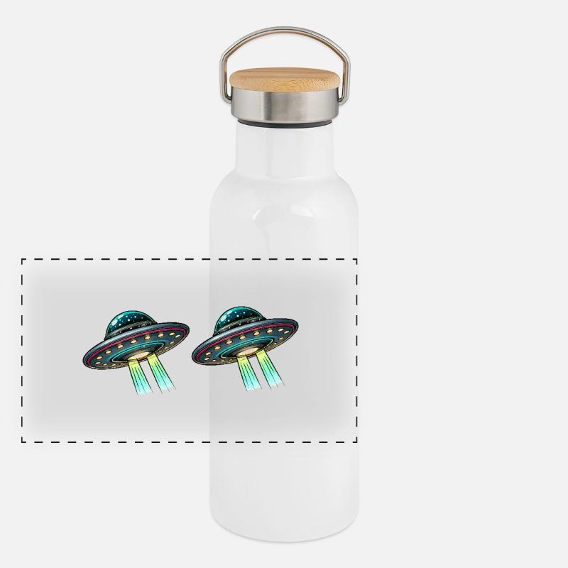 Ufos Untertasse Comic Panorama Thermosflasche mit Bambusdeckel