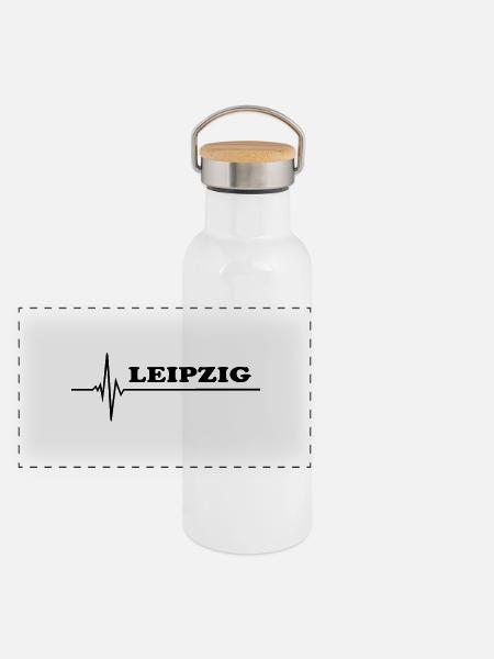 Leipzig - Panorama Thermosflasche mit Bambusdeckel - Weiß