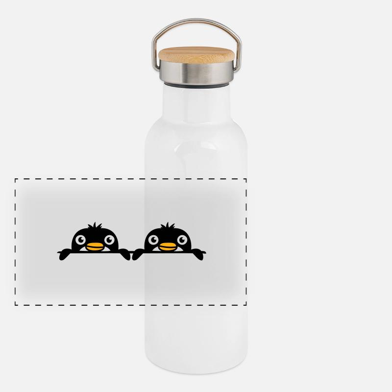 2 Pinguine Freunde gucken hinter Mauer hervor Team Panorama Thermosflasche mit Bambusdeckel