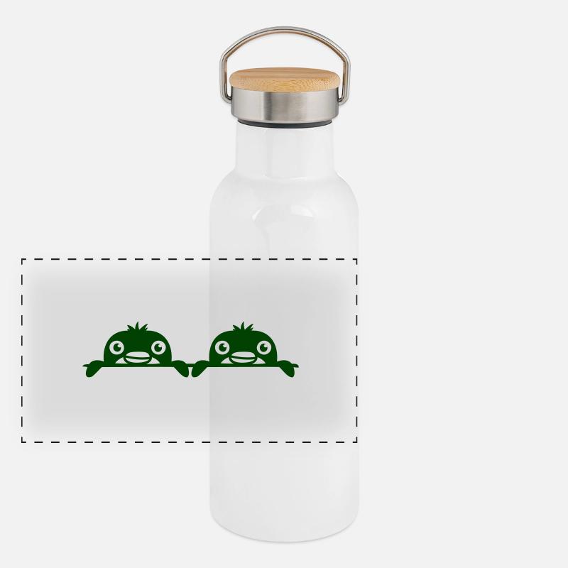 2 Pinguine Freunde gucken hinter Mauer hervor Team Panorama Thermosflasche mit Bambusdeckel