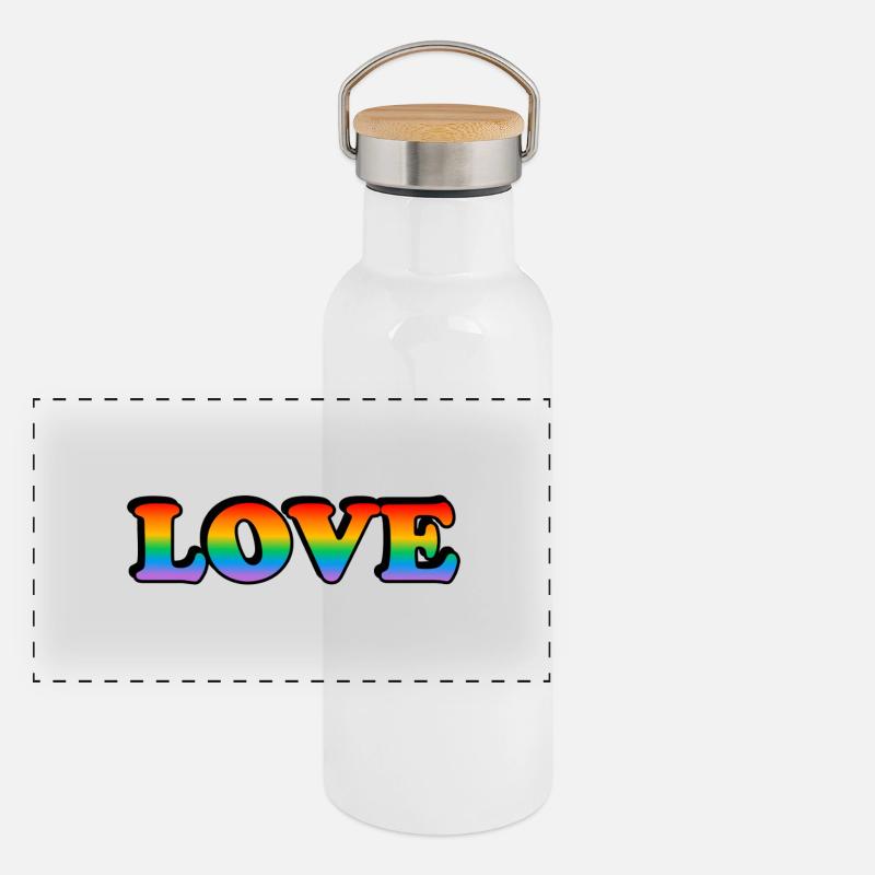 Regenbogen-Text LOVE LGBT Pride Month Panorama Thermosflasche mit Bambusdeckel