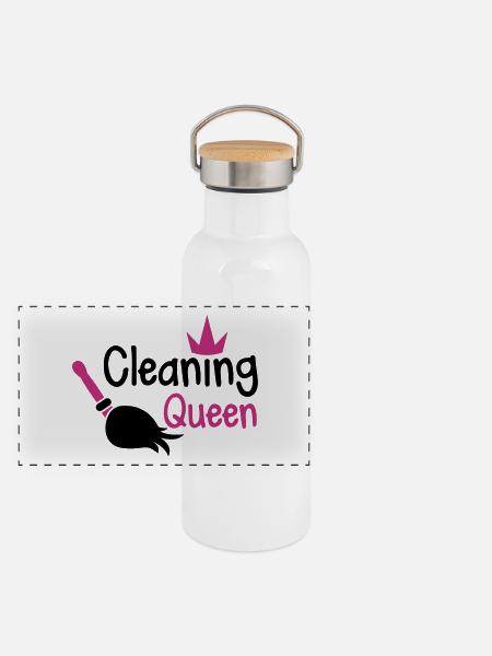 cleaning queen with a broom and a royal crown - Panoramic Thermal Bottle with Bamboo Lid - white - Front