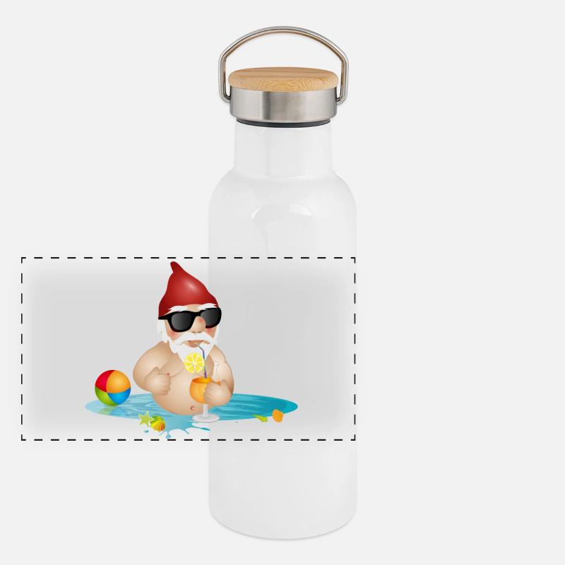 Gartenzwerg im Swimmingpool oder Meer und Getränk Panorama Thermosflasche mit Bambusdeckel