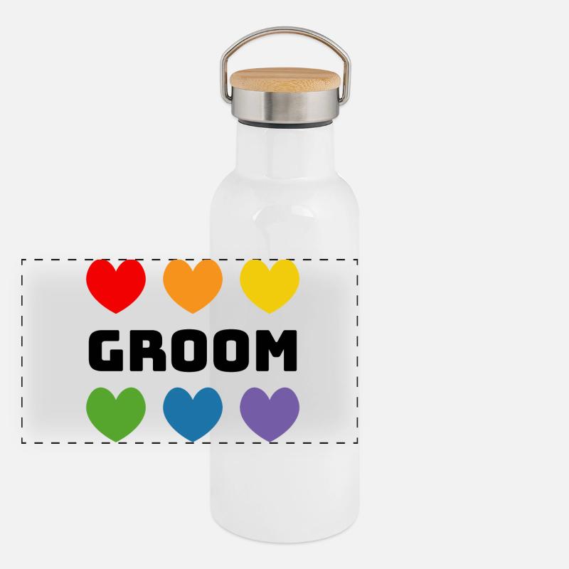 Regenbogenherzchen Groom schwarz Panorama Thermosflasche mit Bambusdeckel