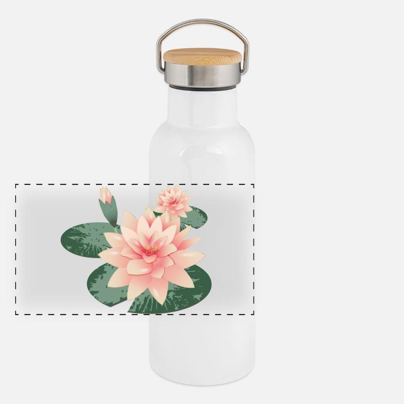 Two water lily blossoms with bud in lily pond Panoramic Thermal Bottle with Bamboo Lid