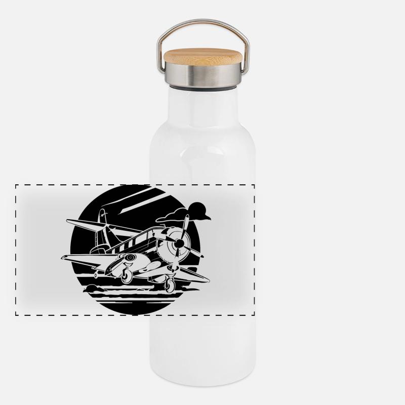 Propeller Plane Drawing Panoramic Thermal Bottle with Bamboo Lid