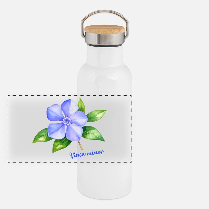 Vinca Minor - Illustration botanique à l’aquarelle Gourde isotherme avec bouchon en bambou