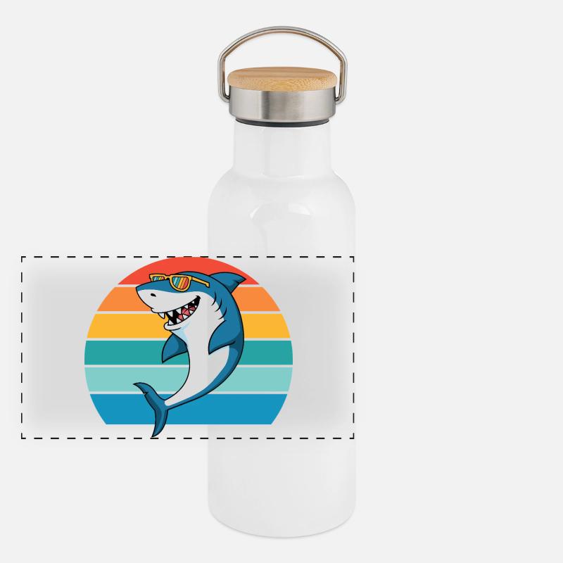 Shark, Sea Creature, Predator, Shark, Great White Shark - Panoramic Thermal Bottle with Bamboo Lid - white