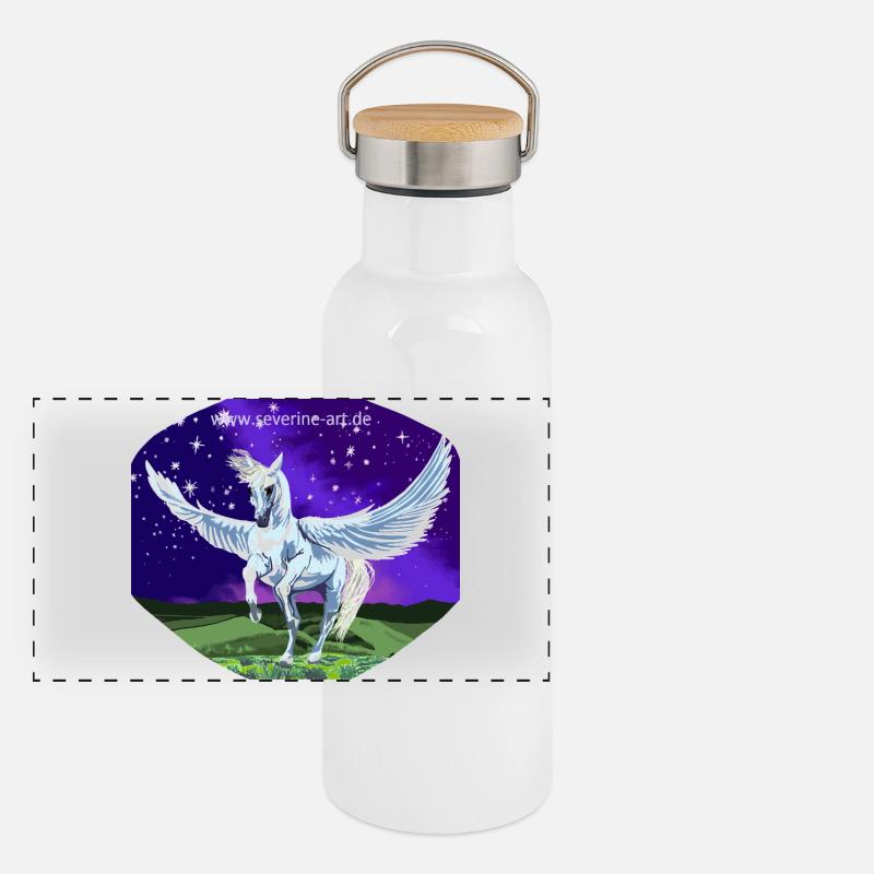 White Pegasus at night in front of a starry sky Panoramic Thermal Bottle with Bamboo Lid