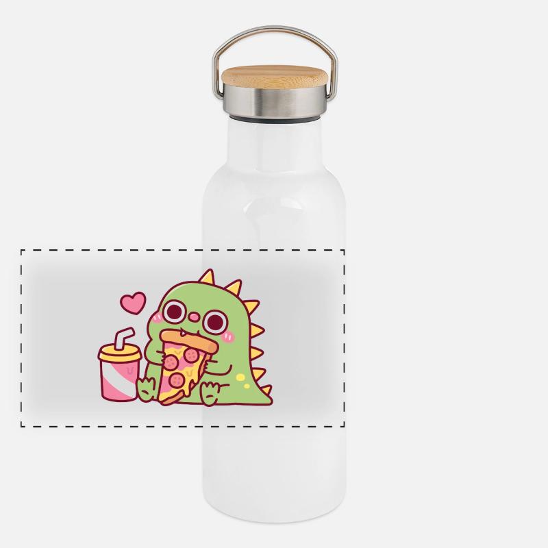 Un dinosaure mignon adore la part de pizza pepperoni Gourde isotherme avec bouchon en bambou