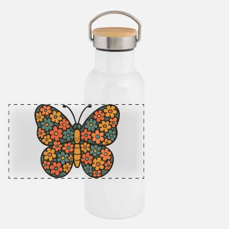 Blütenfalter Muster Panorama Thermosflasche mit Bambusdeckel