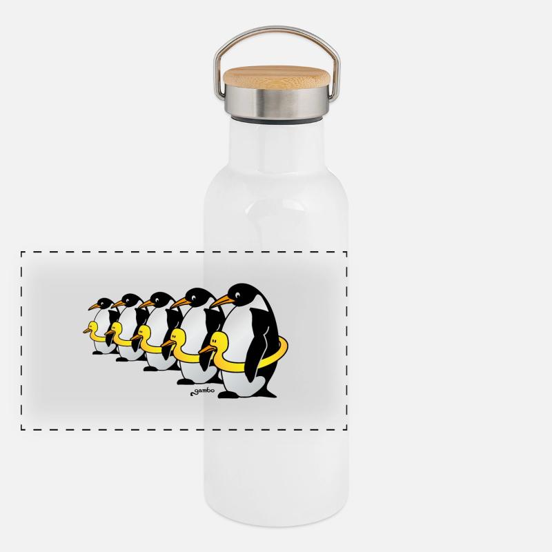 Pinguine mit Quietscheentchen Panorama Thermosflasche mit Bambusdeckel