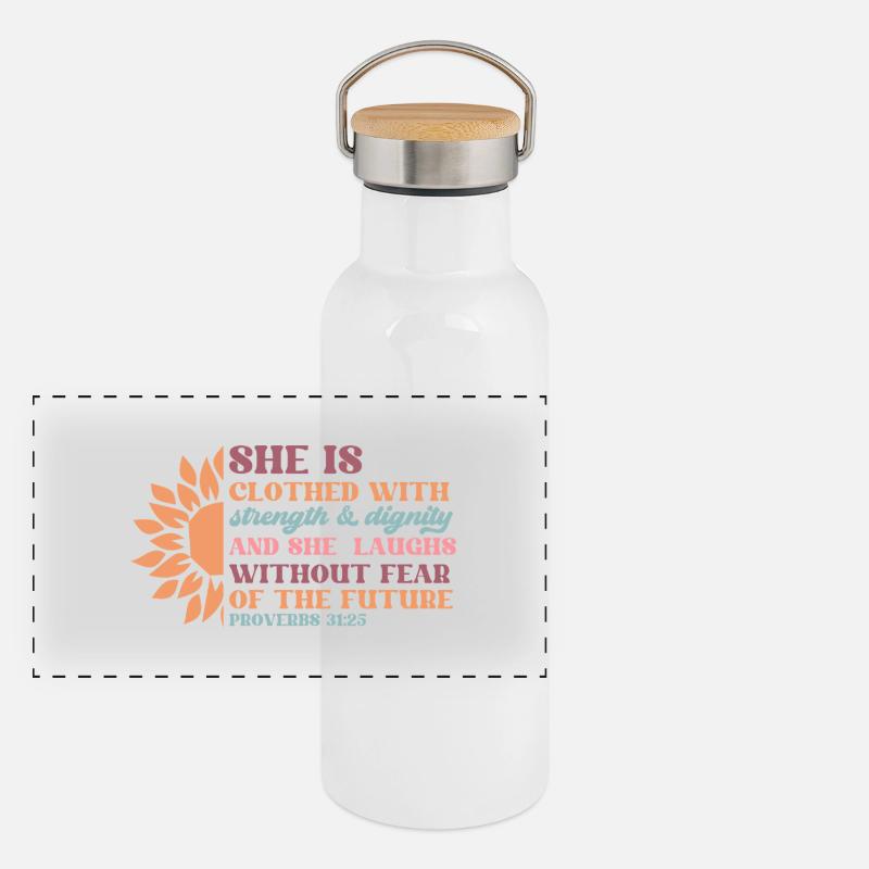 She Is Clothed With Strength Dignity Panorama Thermosflasche mit Bambusdeckel