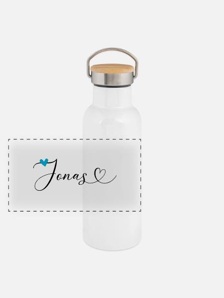 Jonas Name Vorname Kalligrafieherz - Panorama Thermosflasche mit Bambusdeckel - Weiß - Vorne