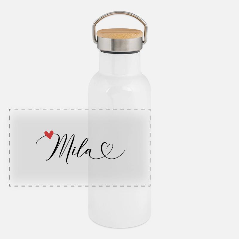 Mila Surname First name Calligraphy Heart Panoramic Thermal Bottle with Bamboo Lid