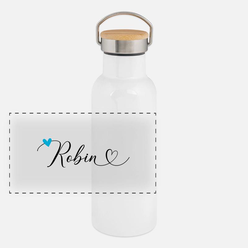 Robin Name Vorname Kalligrafieherz Panorama Thermosflasche mit Bambusdeckel