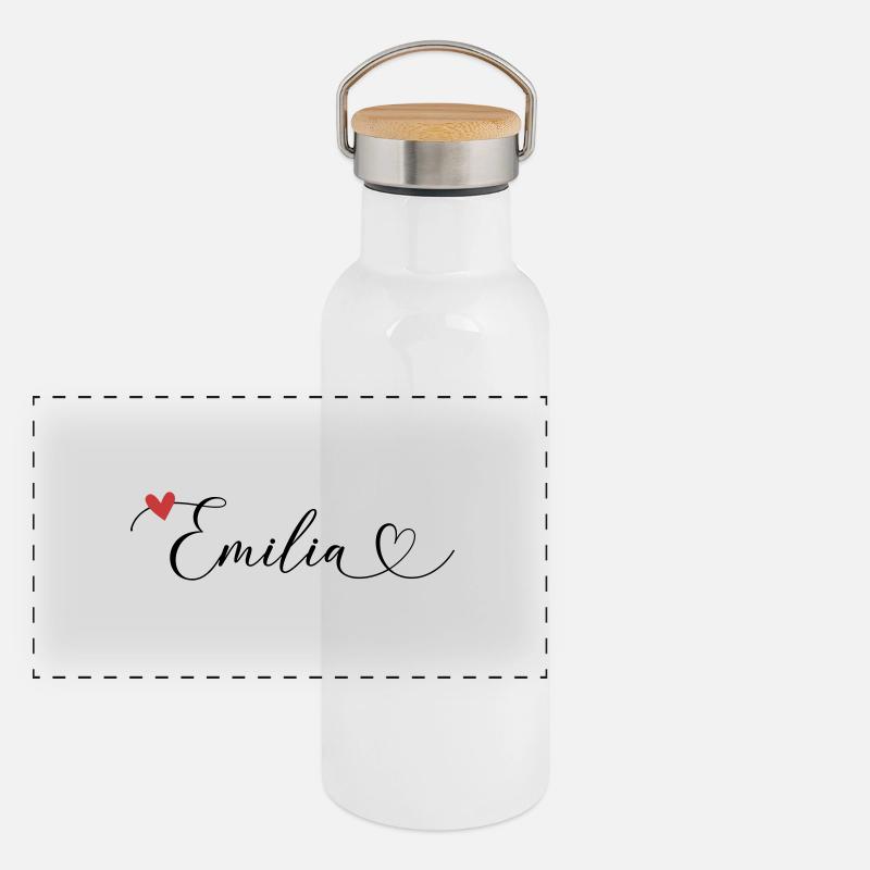 Emilia Surname First name Calligraphy Heart Panoramic Thermal Bottle with Bamboo Lid
