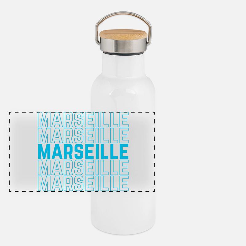 Marseille Outlined Repeat Neon Blau Panorama Thermosflasche mit Bambusdeckel