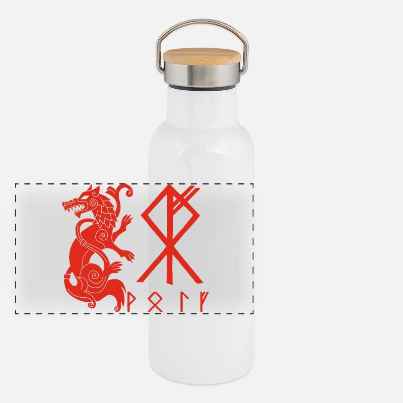 Roter Wolf Fenrir Panorama Thermosflasche mit Bambusdeckel