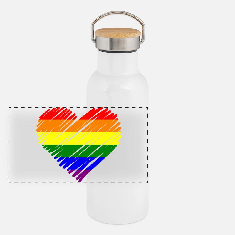 Regenbogen Pride Herz Panorama Thermosflasche mit Bambusdeckel