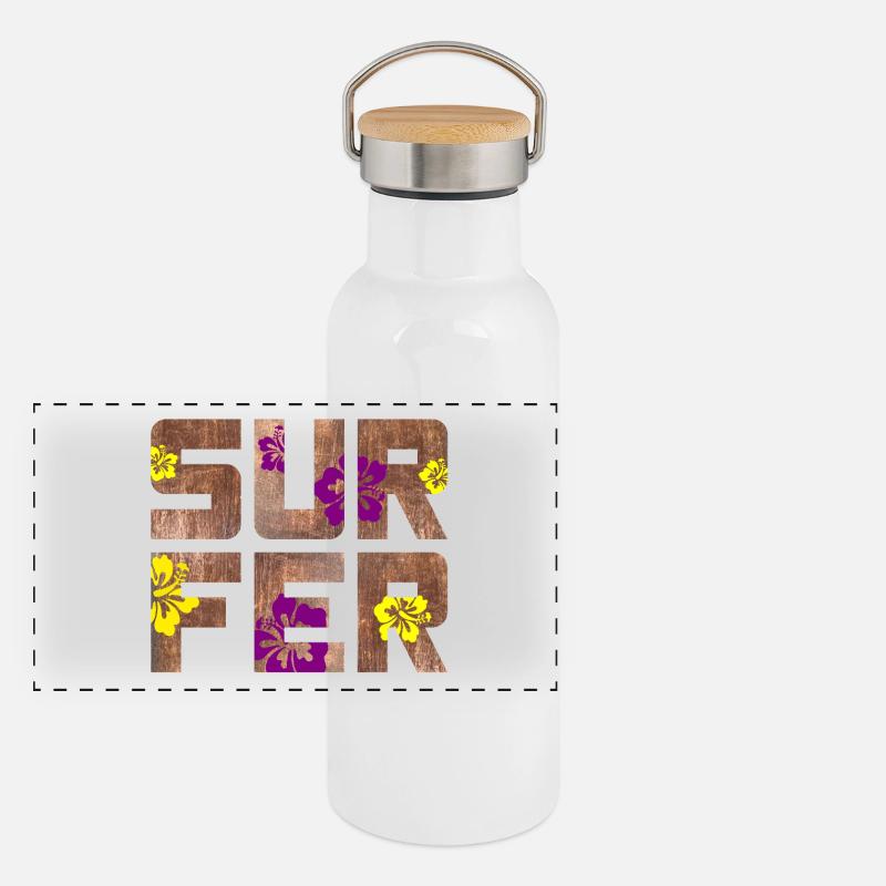 Surfeur Bois Hawaï Bint Hibiscus Blossom Camp de surf Gourde isotherme avec bouchon en bambou