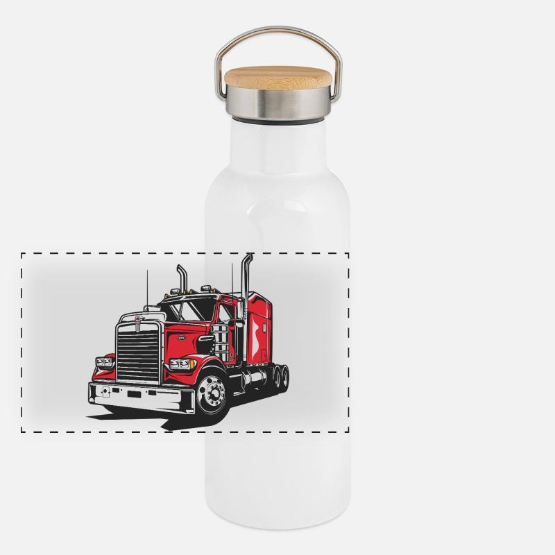 Roter LKW Linien-Illustration Panorama Thermosflasche mit Bambusdeckel