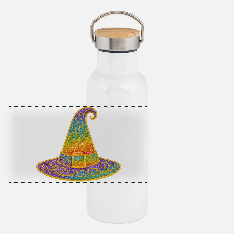 Regenbogen Glitzer Hexenhut Panorama Thermosflasche mit Bambusdeckel