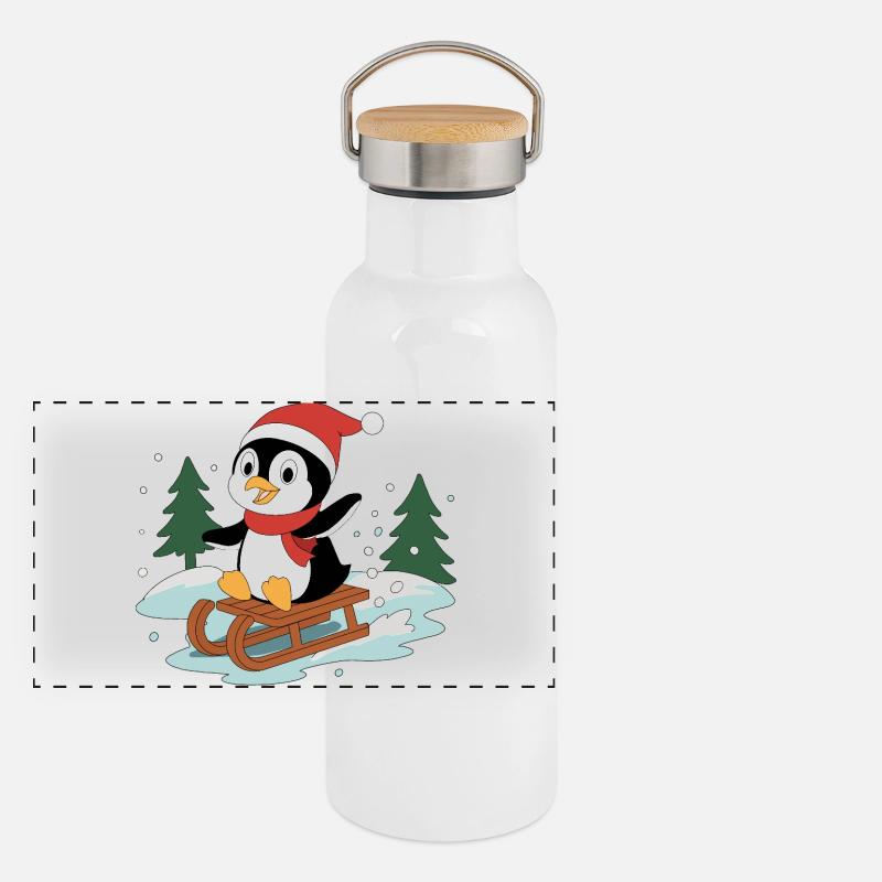 Penguin Pino on a sled Panoramic Thermal Bottle with Bamboo Lid
