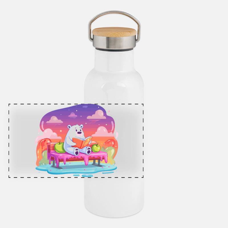 Lesender Eisbär im Farbtraum Panorama Thermosflasche mit Bambusdeckel